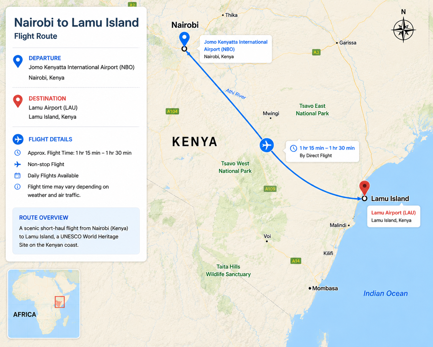 Flight route from Nairobi to Lamu Island