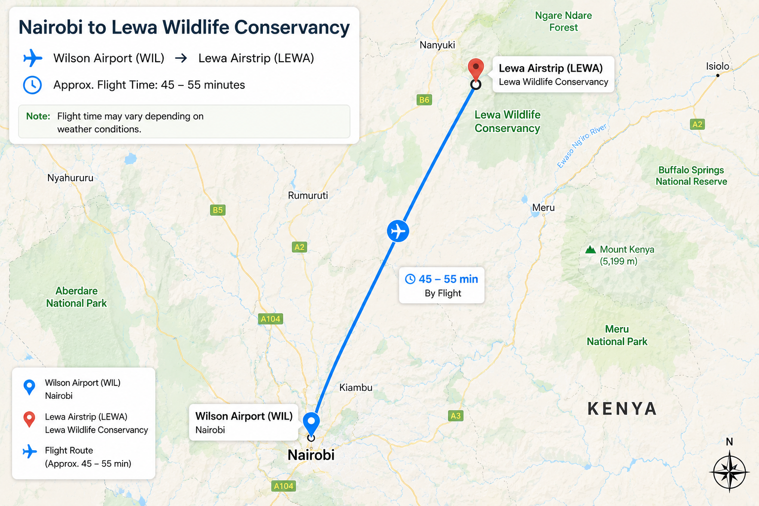 Flight route from Nairobi to Lewa Wildlife Conservancy