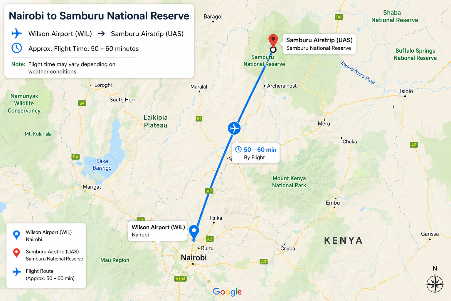 flight route from Nairobi to Samburu national reserve